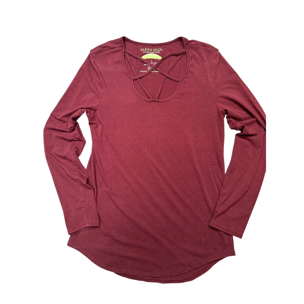 Earth Yoga Organic Cotton Bamboo Strappy Long Sleeve Top Size L Sustainable Wine